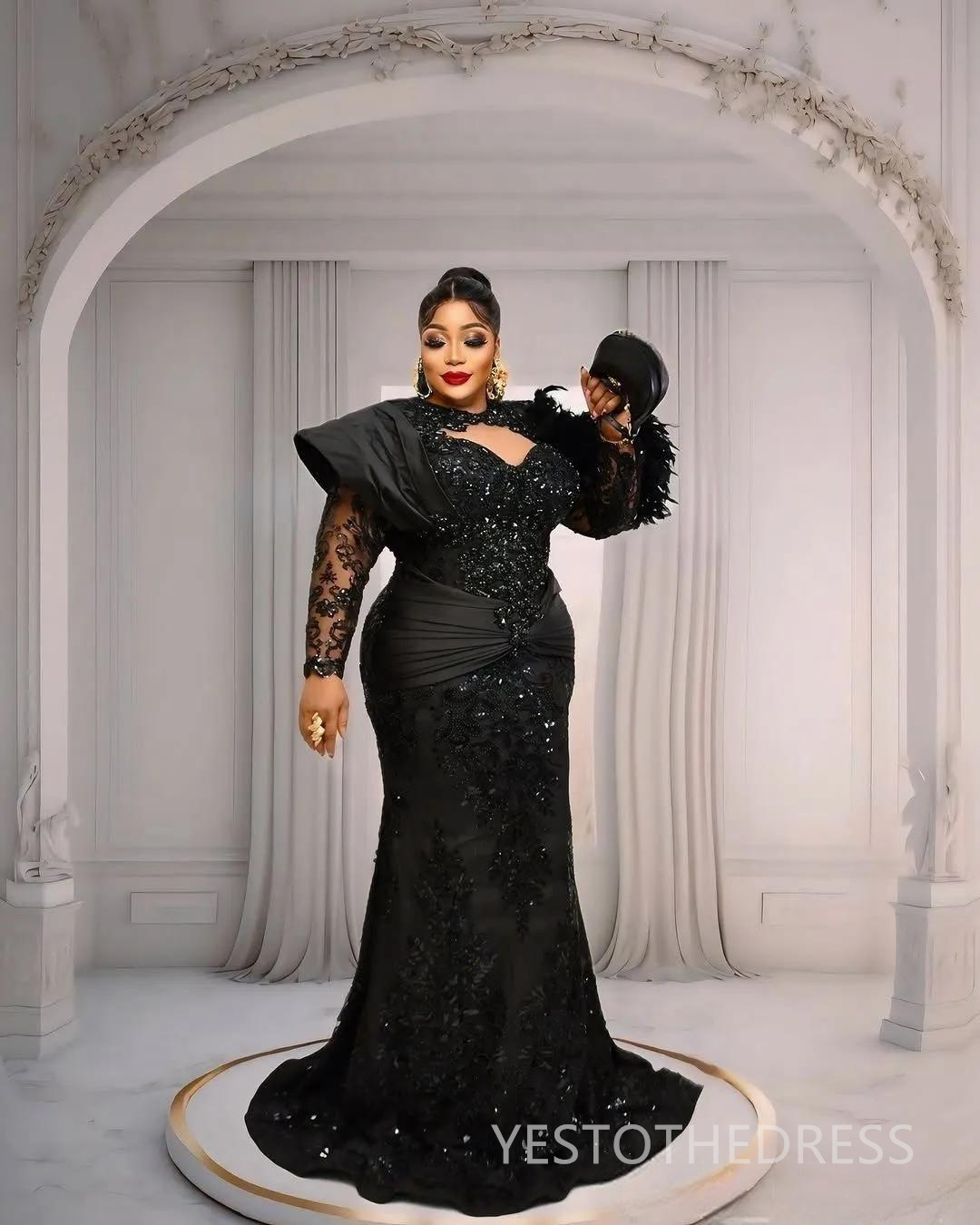 Plus Size Black Prom Dresses 2026 Evening Dresses Illusion Mermaid Sheer Neck Long Sleeves Beaded Lace Flora Birthday Dress Second Reception Gown AM29