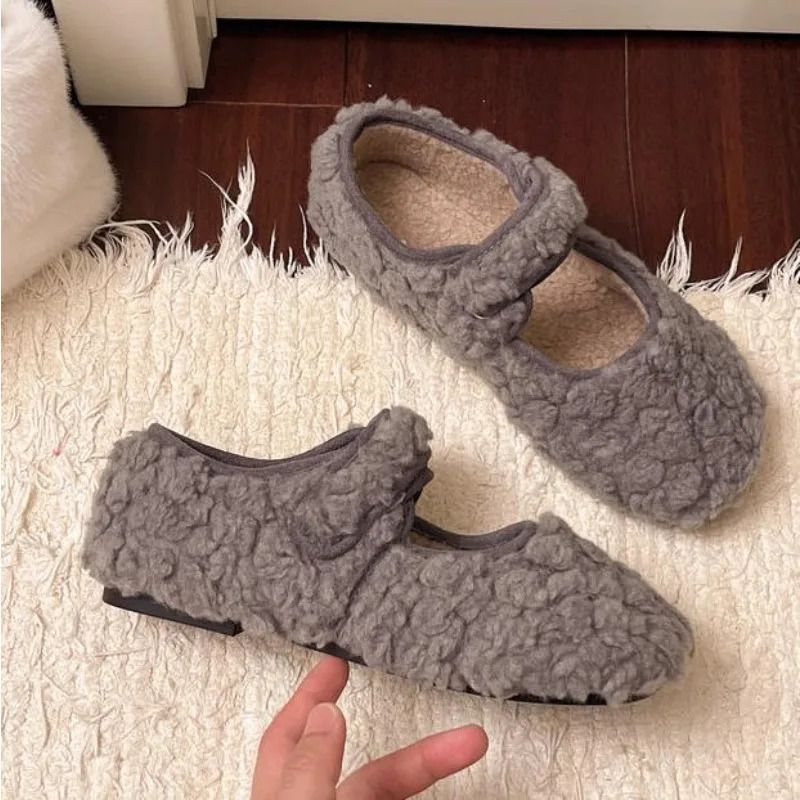 Womens Shearling Ballet Flats with Strap Warm Rabbit Fur Plush Lined Crystal Buckle Mary Jane Flat Shoes 251013
