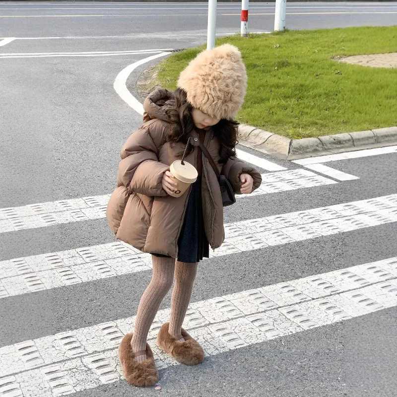 Girls Outwear 2025 Autumn Winter Korean Style Fashion Trendy Minimalist Casual Warm Thick Brown Solid Color Hooded CoatT251016