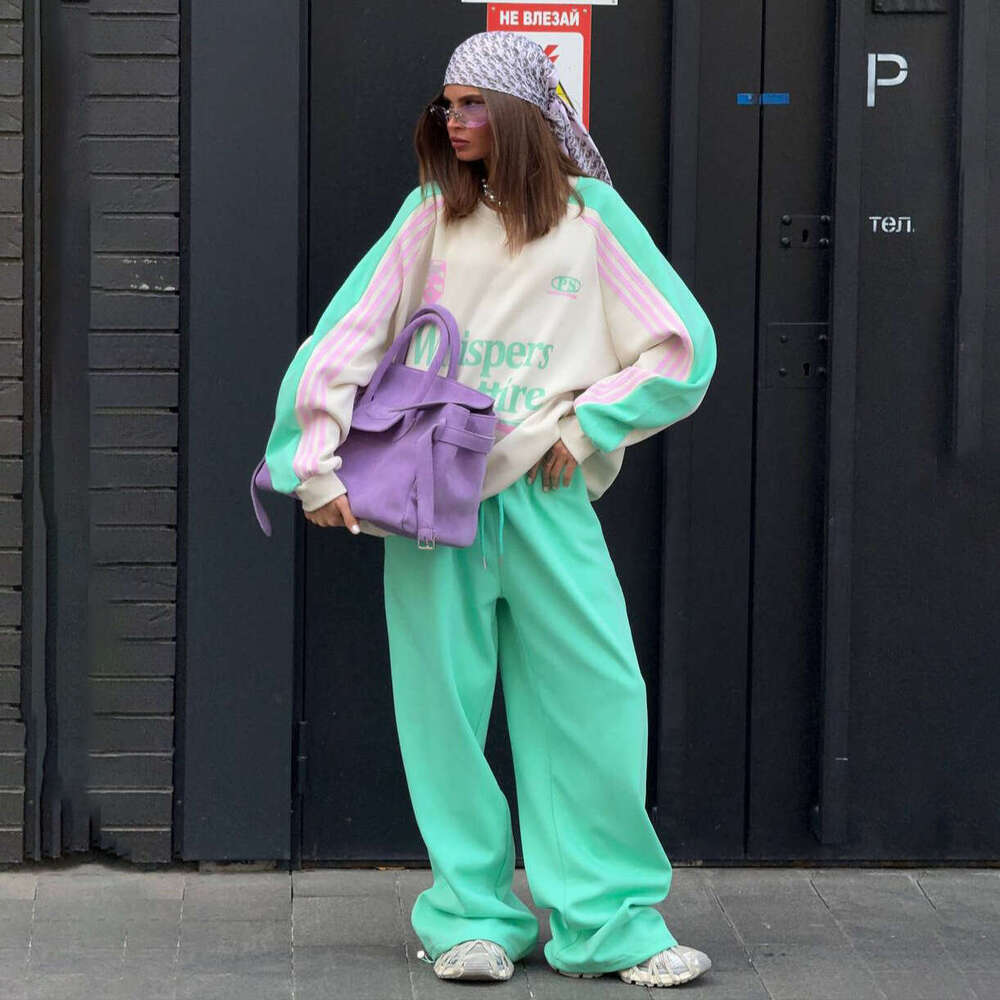 American Street Style Color-Block Printed Sports Sweatshirt Set For Women, Round Neck Loose Long Sleeve Pullover Top With Drawstring Wide-Leg Pants B5