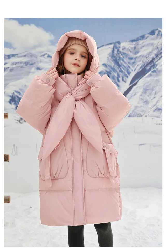 Teenage Girls Winter New Pink Scarf Hooded with Thick Fleece Windproof and Warm Fashion Long Cotton Jacket for 412 YearsT251016