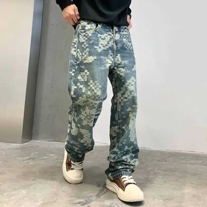 High Street Mens Loose Straight Tube Jeans Pants Autumn Hooligan Handsome Trousers Fashion Jacquard Trendy Casual Denim Pants J251203