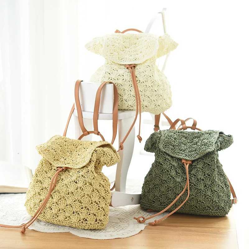 Beach Womens Backpacks Summer Straw Bags Drawstring Hollow Out Handmade Knitted Travel Backpack Design For Girls B018T251016
