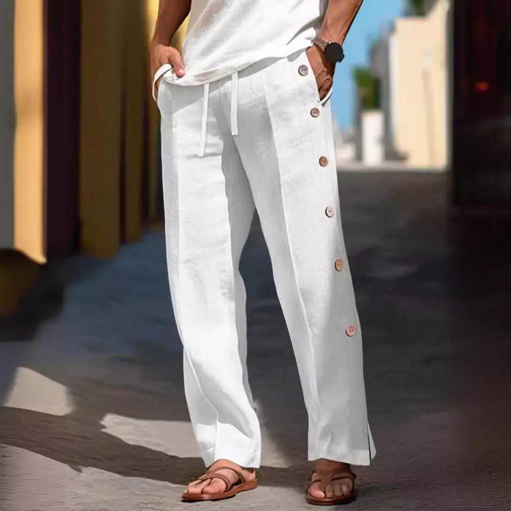 Men Casual Pants Loose Side Pockets Drawstring Elastic Waist Side Button Closure Quickdrying Beach Sweatpants Long Trousers J251203