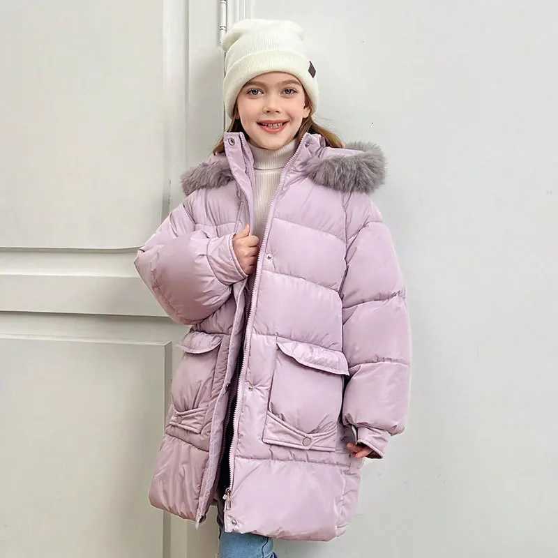 2025 Winter Girls Big Fur Collar Down Cotton Jacket Teen Kid MidLength Thick Warm Windproof Hooded Parka Coat Children SnowwearT251016