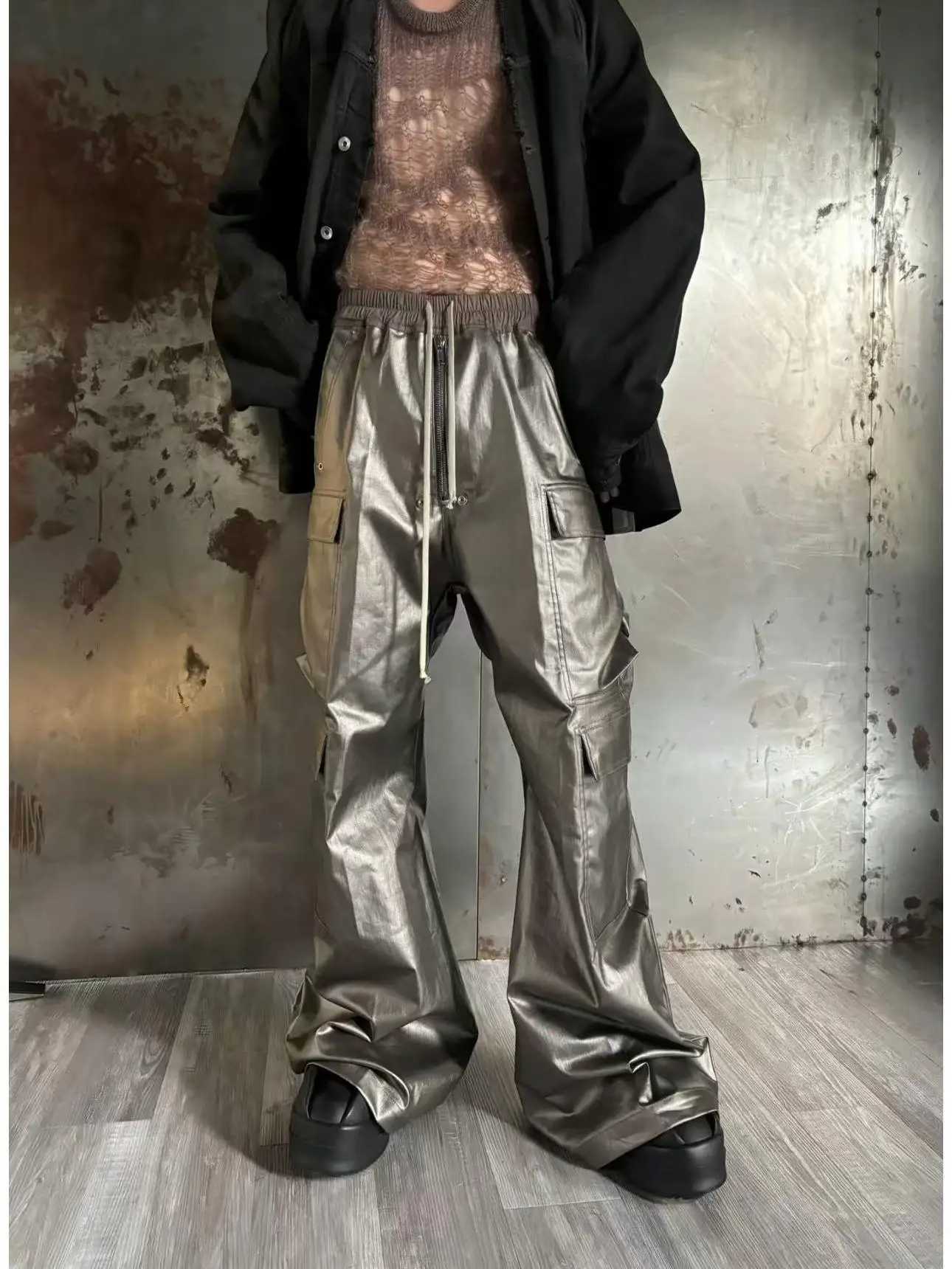 High Street Pants DK Dark Mens Workwear with Multiple Pockets Floor Length Casual Pants Copper Gray Glossy Wide Leg Pants J251203