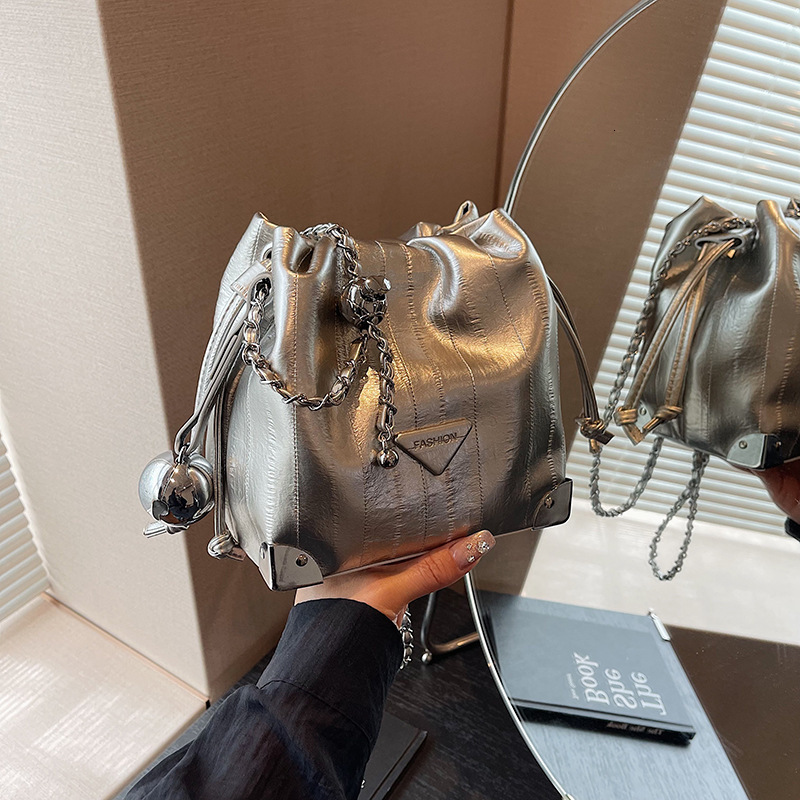 Pleated Drawstring Bucket Bag Luxury Bag Designer Bag 2024 New Versatile Silver Lucky Bag Crossbody Bag Niche Hot Style Single Shoulder Chain Bag