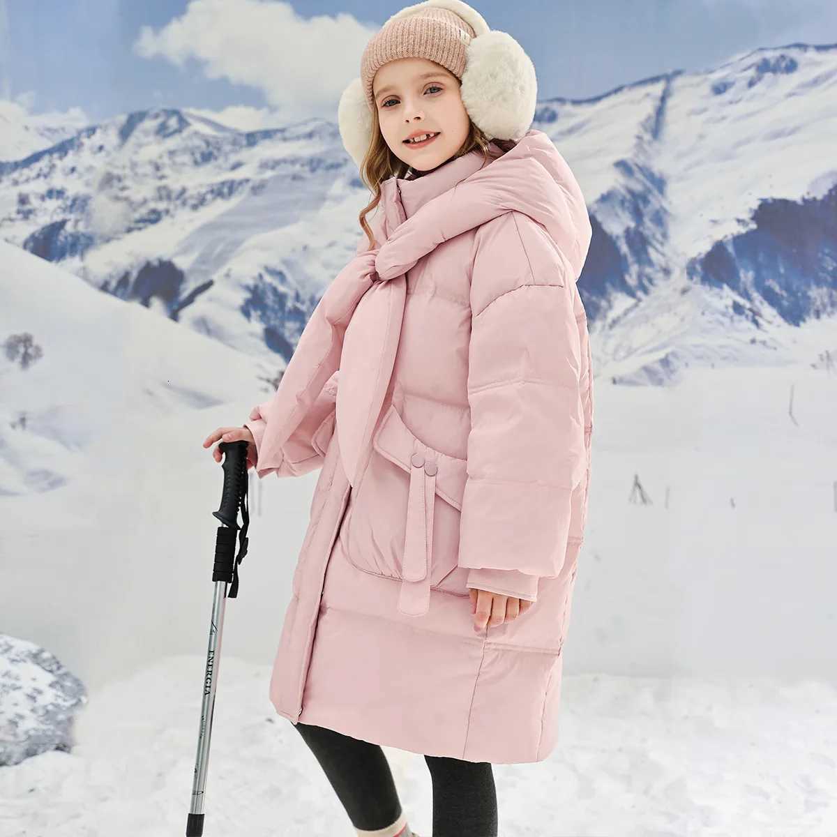 Teenage Girls Winter New Pink Scarf Hooded with Thick Fleece Windproof and Warm Fashion Long Cotton Jacket for 412 YearsT251016