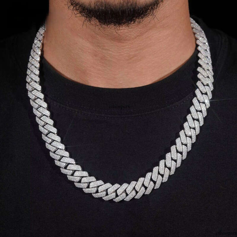 Hip Hop Necklace 15mm 4rows Cuban Link Chain S Gold Plated Pass Test VVS Moissanite Dia Iced Out Jewelry