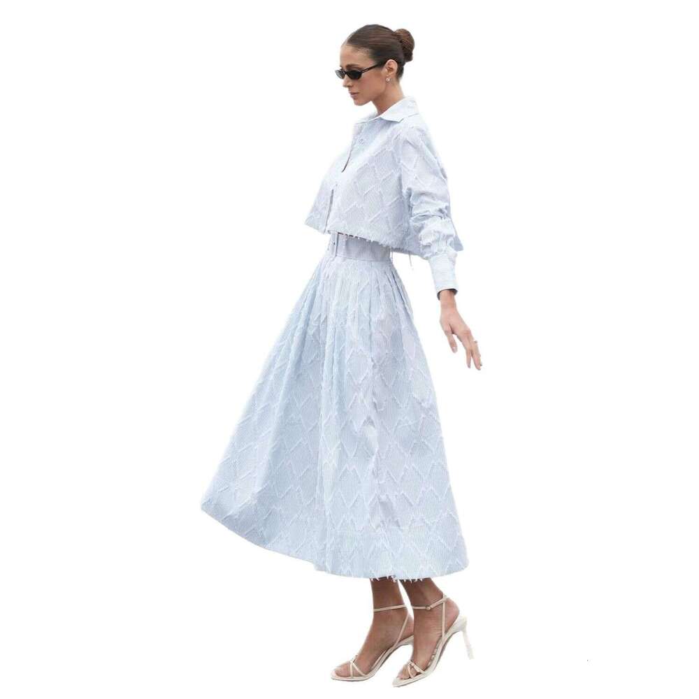 Fashionable Elegant Lapel Sleeve Short Top Adjustable Waist Long Skirt Two-Piece Set For Commuting Women B5