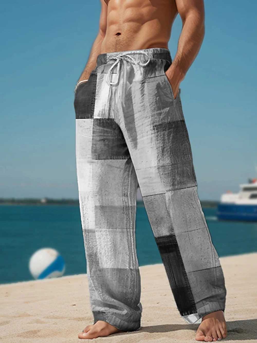 Plaid Color Block Mens Resort 3D Printed Casual Pants Trousers Elastic Waist Fit StraightLeg Pant Summer Beach Pants J251203