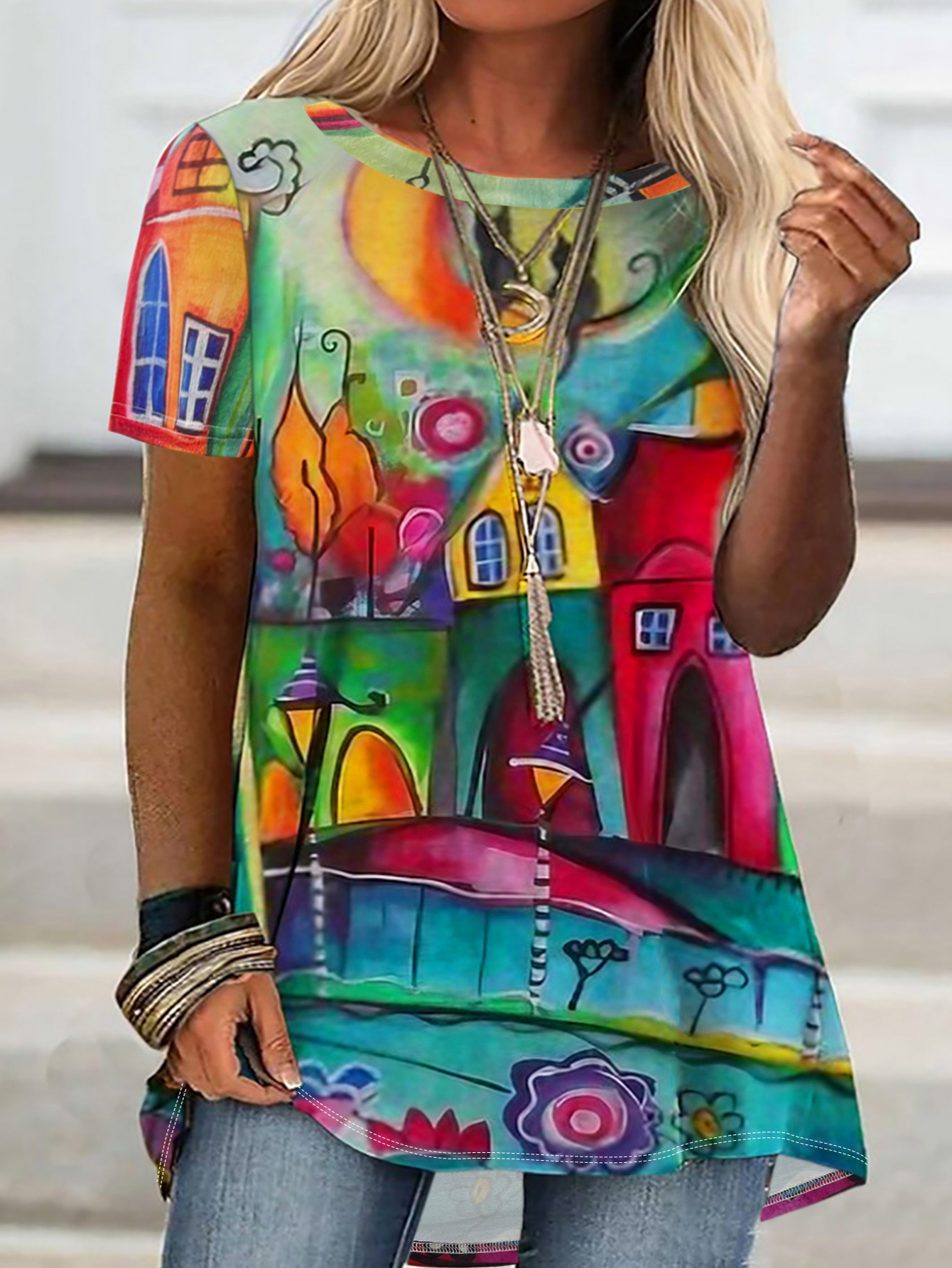 Women's Plus Size Comic Printed Casual Loungewear Short-Sleeve T-Shirt - Spring Summer Vacation Milk Silk Top-YL25203