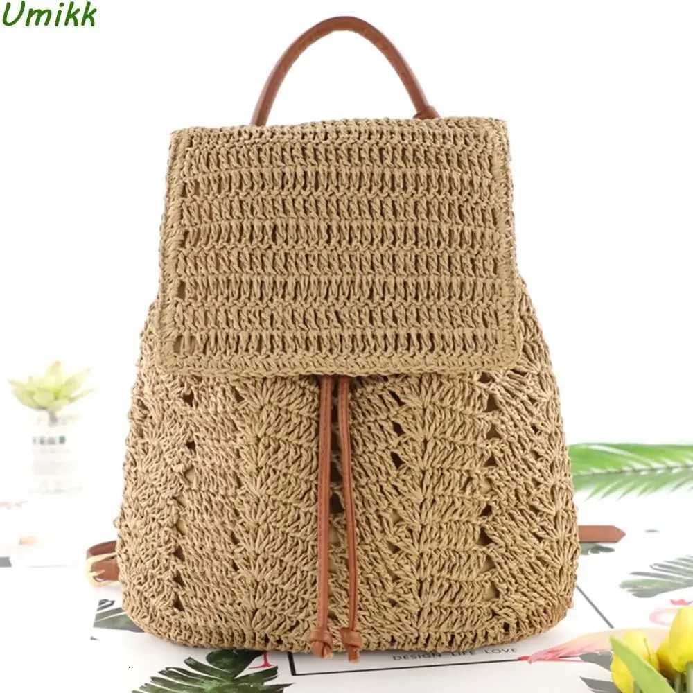 Women Straw Backpack Handmade Woven Casual Beach Holiday Shoulders Bucket BagT251016