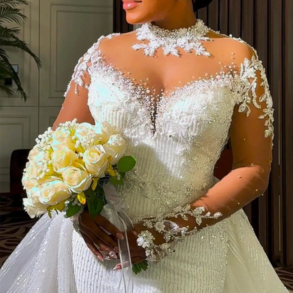 Arabic Aso Ebi Plus Size White Florals Wedding Dresses With Overskirt Train Lace Beaded Sheer Neck Sequined Bridal Gowns O16