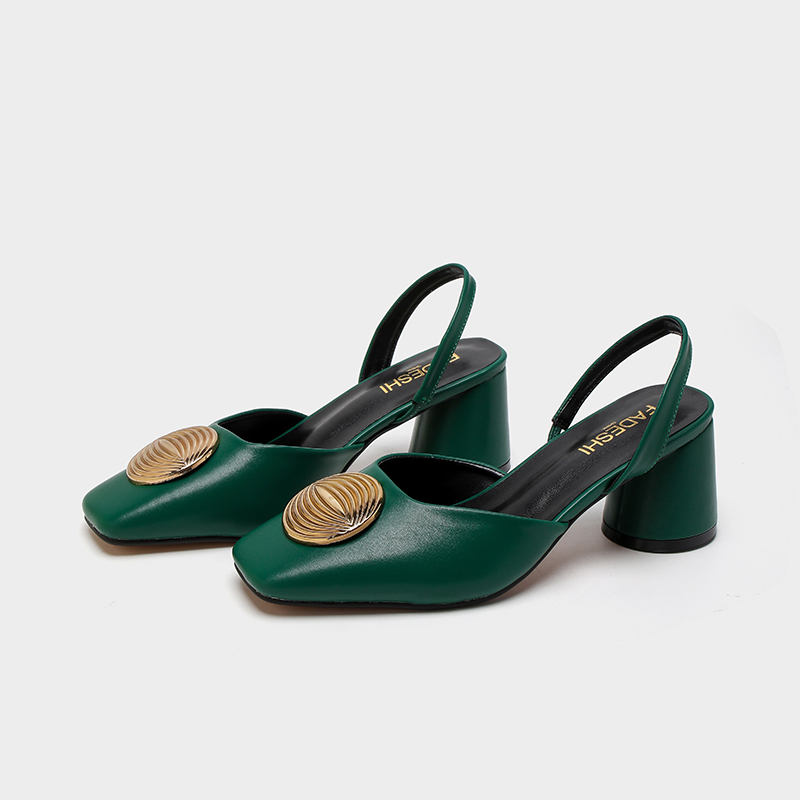Women's Fashion Green Square Toe Block Heel Slingback Pumps - Artificial Leather Slip-On Dress Shoes-8773