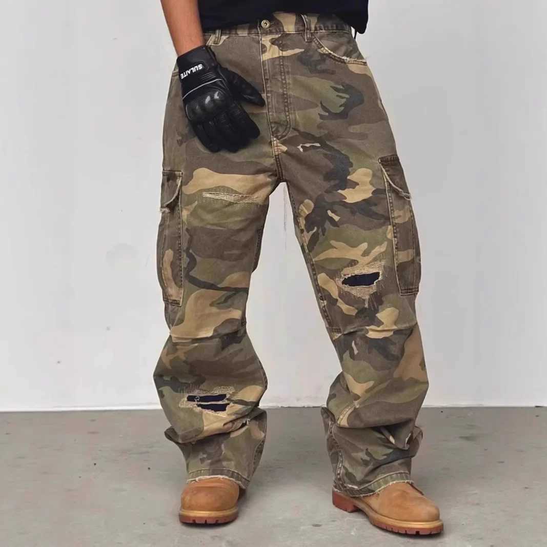 Washed American Street Camouflage Workwear Jeans High Street Style Casual Straight Leg Torn Trendy Long Pants for Men J251016