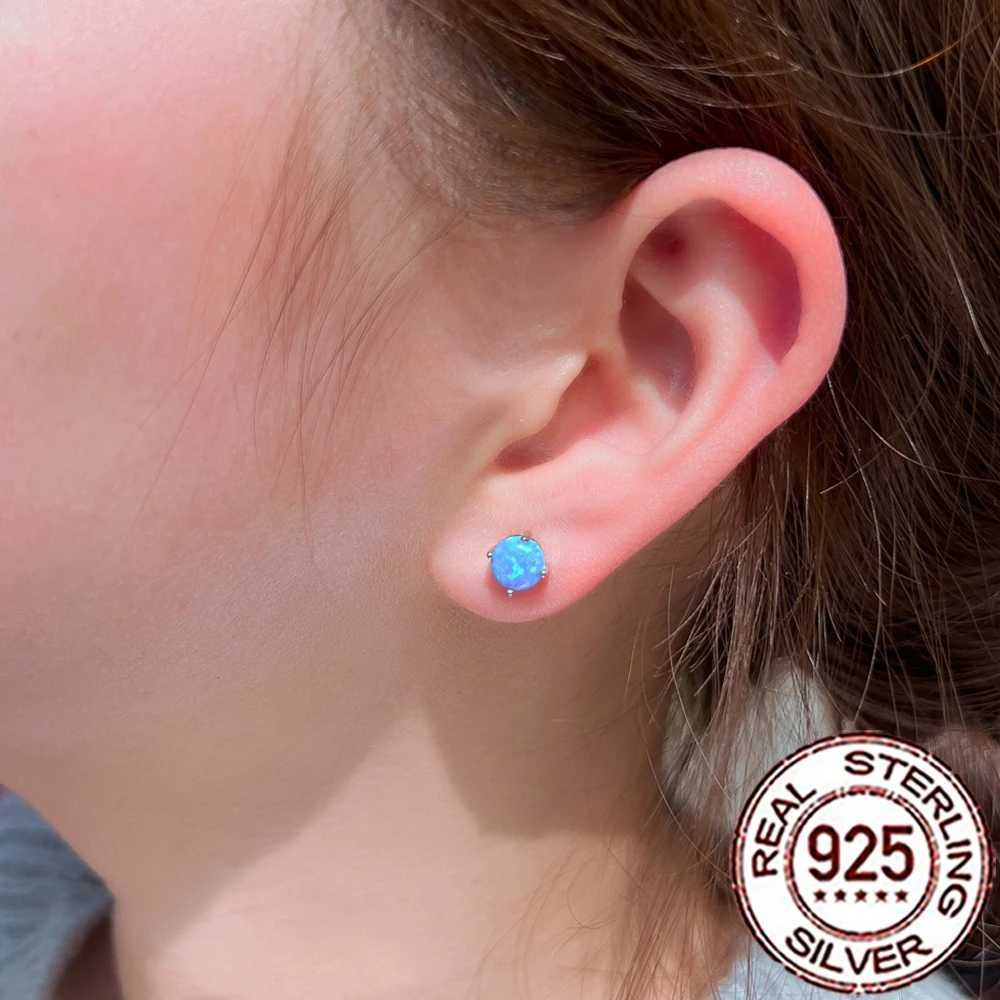 QooLady 925 Sterling Silver Fashion Mystical Blue Opal Round Stud Earrings for Women Fine Party Daily Jewelry Accessories SE103L251015