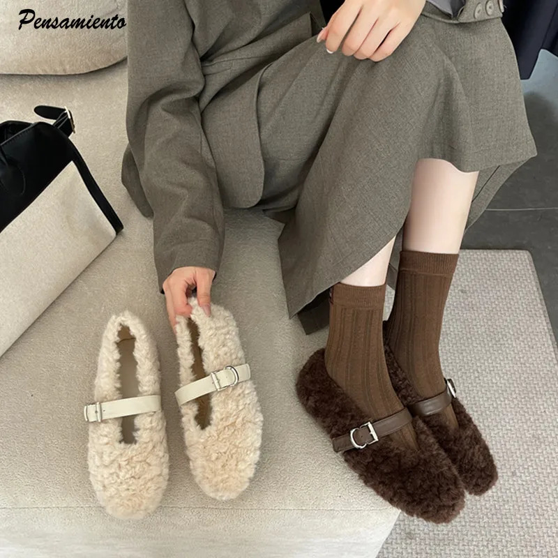 Autumn Winter Furry Warm Women Ballet Flats Fashion Fur Strap Buckle Mary Janes Soft Soles Walking Loafers Casual Dance Shoes 251013