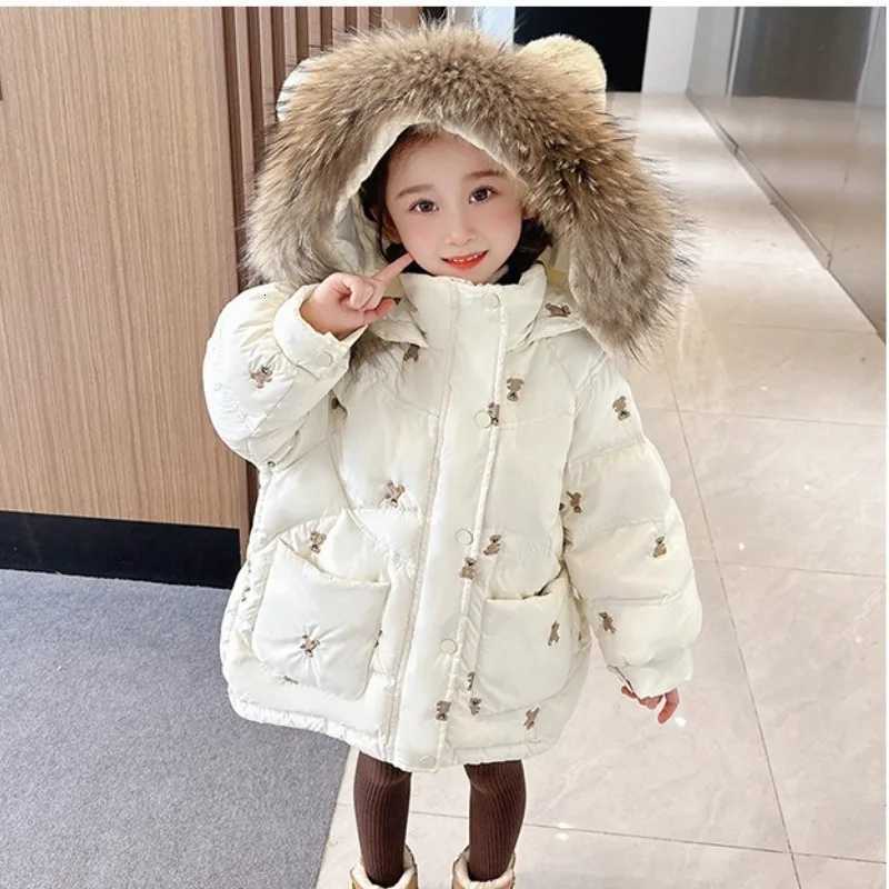 New Girls Embroidered Down and Cotton Jacket Medium To Long with A Thick Winter Fur Collar and A Warm Top for ChildrenT251016