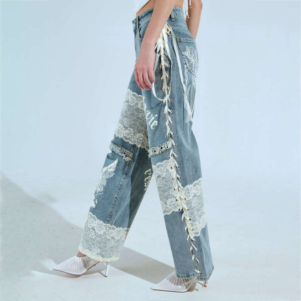 American High Street Hot Girl Low Waist Jeans Lace Stitching Design Sense Trendy Personality Straight Long Pants Women Spring B5