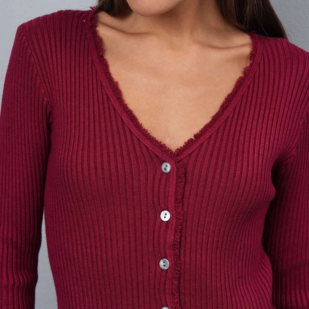 Trendy Frayed V-Neck Buttoned Slim Cardigan Autumn Winter Ins Style Bell Sleeve Ripped Ribbed Knitwear B5
