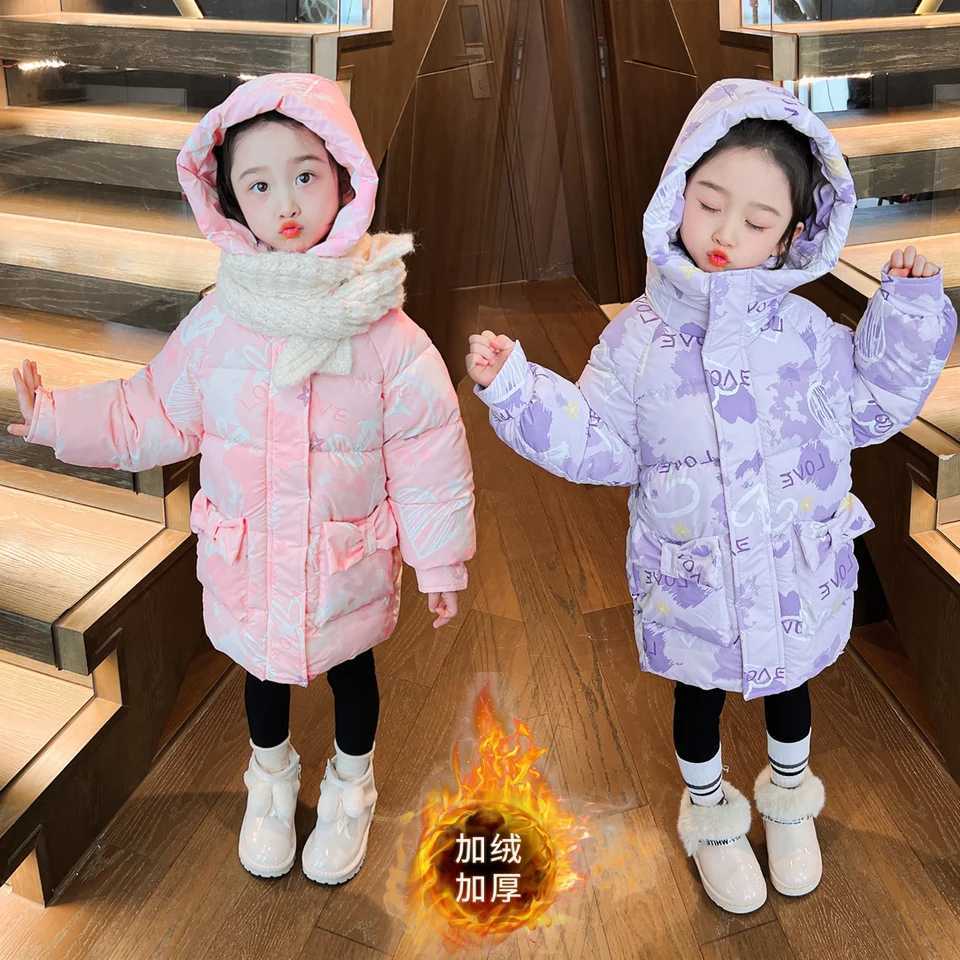 Girls Warm Down Cotton Jacket 2025 Winter Children Letter Heart Printed Hooded Coat Teen Windproof Skiing Suit Parka OuterwearT251016