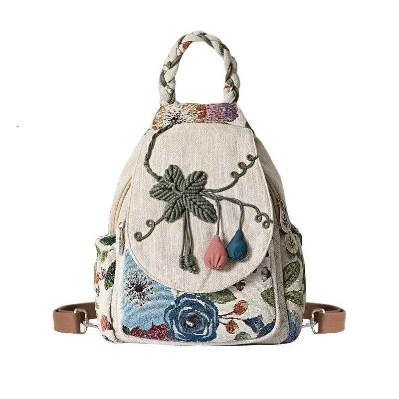 Ethnic Style Backpack Hand Woven Double Shoulder Multi Compartment Lightweight Canvas Commuting Multifunctional Chest Bag 2024T251016