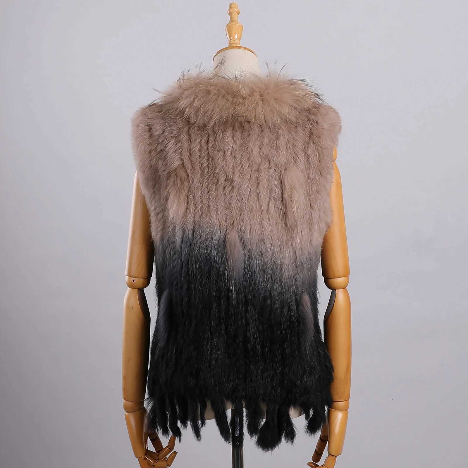 Luxury Womens Genuine Premium Long Hair Rabbit Fur Knit Vest Raccoon Fur Trim Gilet Lady Sleeveless Waistcoat Real Fur Jacket W251016