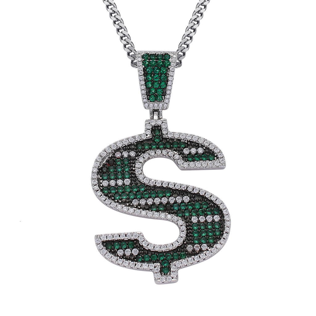 Necklace Hip Hop Green Dollar Sign Pendant Micro Paved Zircon Hip Hop Trendy Mens Hip Hop Necklace
