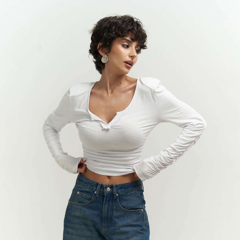 Hollow Out Small V-Neck Casual Versatile Slimming T-Shirt With Design Sense Street Style Ins Unique Pure Desire Long Sleeve Women's Top B5