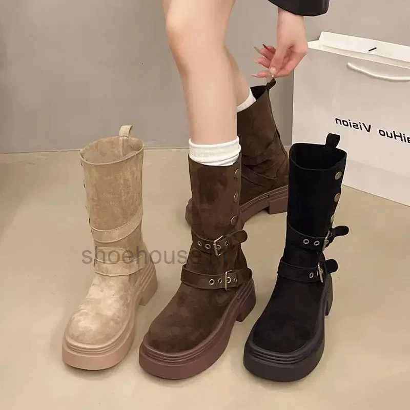 Boots Womens Long Boots 2025 Spring New Style Fashionable Twopiece Lapel Mid Leg Boots Retro Versatile Thick Soled Motorcycle Boots L250905
