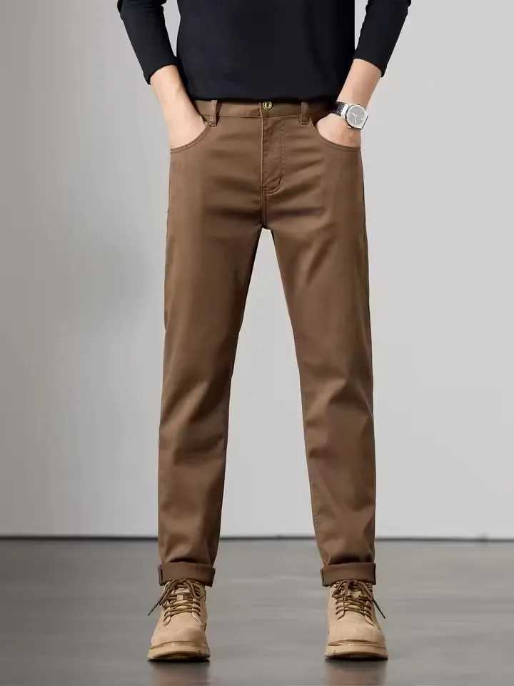 Khaki Color Slim Fit Mens Jeans Soft Straight Leg Busin Casual Long Pants Autumn Wear Comfortable Stretch Denim Trousers J251016