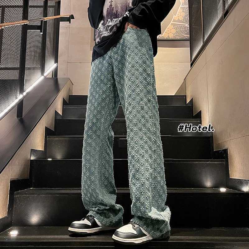 American Street Jeans Men Retro Embroidered Print Denim Trousers Fashion Brand Jacquard Design Mens Y2K Wide Legs Hip Hop Jeans J251016