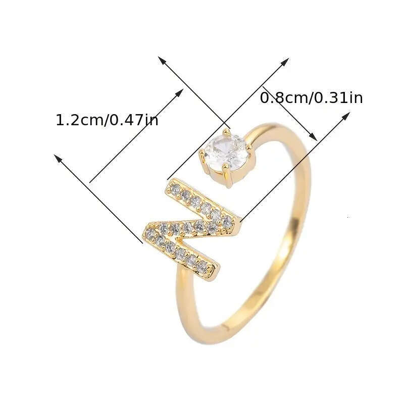 TEMU Hot Selling 26 English Letters Micro Paved Zircon Fashion Women's Ring Copper Plated 14K Adjustable Plain Band ddmypluto