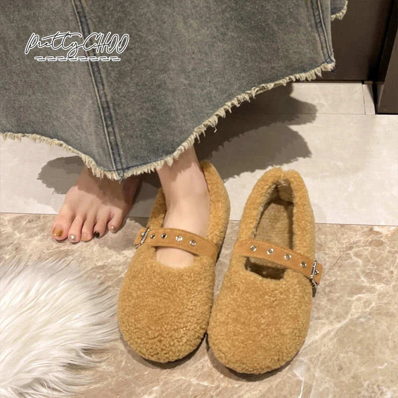 Deep Red Round Toe Lambswool Ballet Flats Woman Warm Plush Belt Buckle Mary Jane Shoes Ladies Fluffy Shallow Loafer 251013