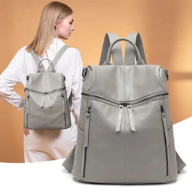 Lightweight Soft Leather Dual Shoulder Bag Ladies Casual Travel Backpack Large Capacity Waterproof Bookbag Fashionable Korean StT251016