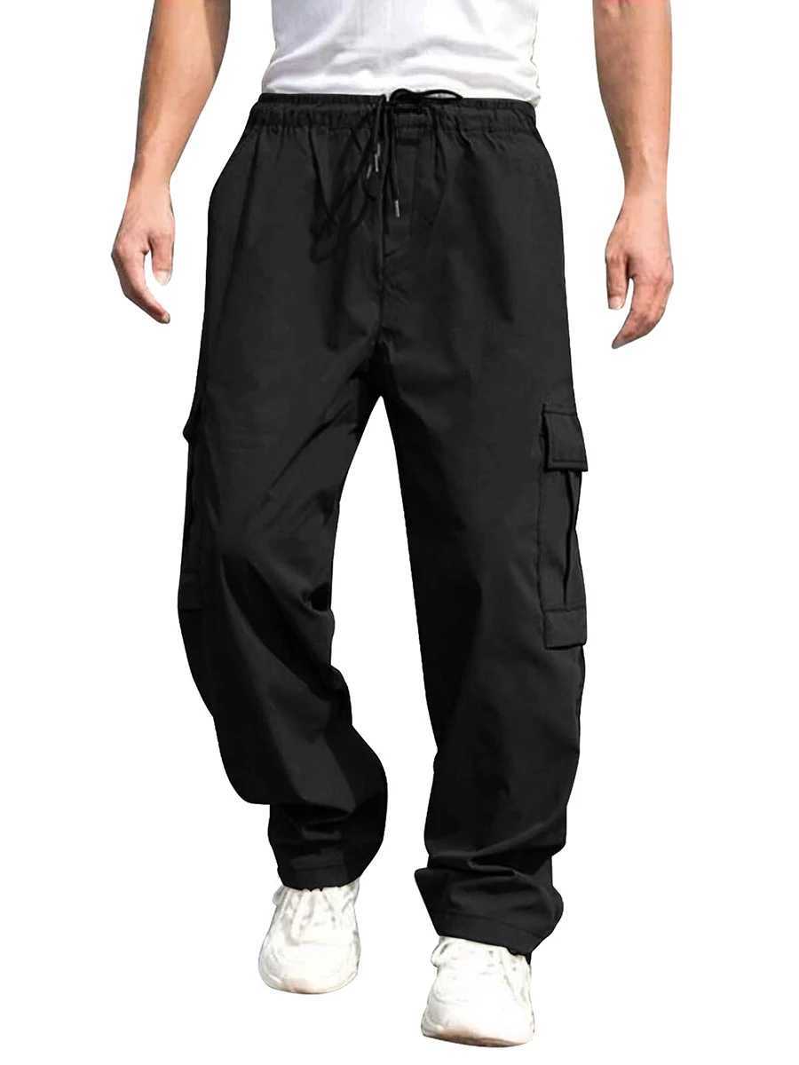 Men s Loose Cargo Long Pants Solid Color Drawstring Waist Straight Leg Trousers Casual Work Pants with Pockets J251203
