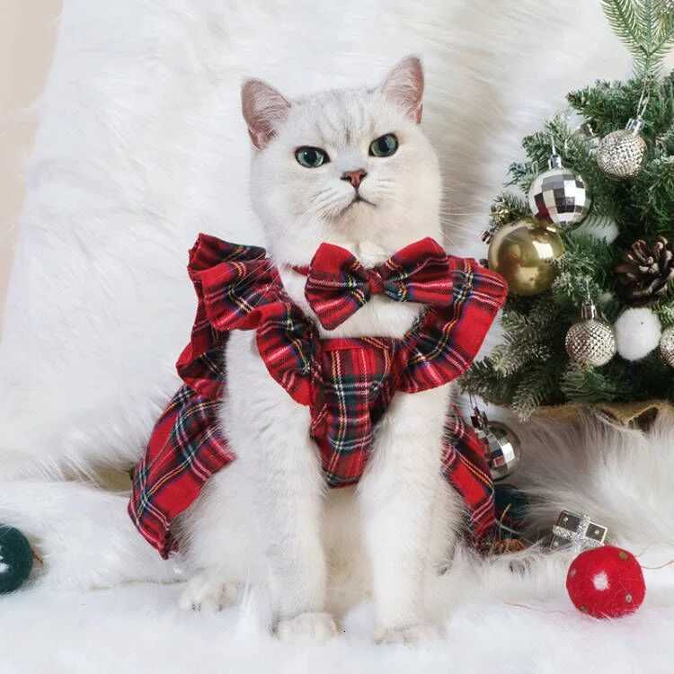 Christmas Pet Dresses Ruffled Sleeves Autumn Winter Clothes For Cats Dogs Red Plaid Elegant Princess Style Dresses HolidayW251016