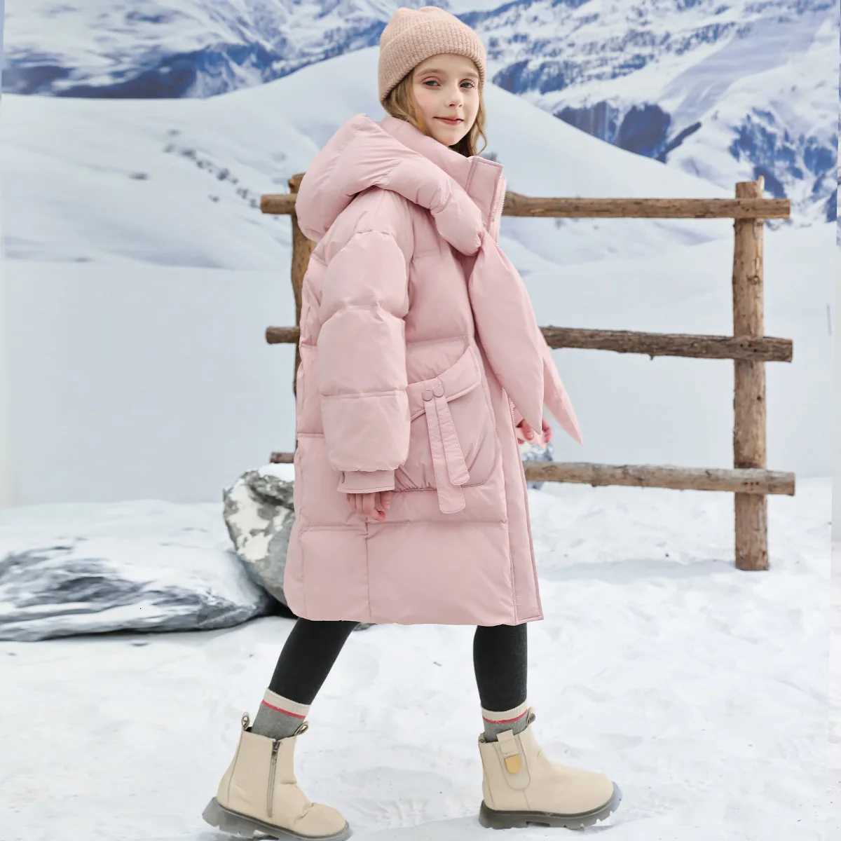 Teenage Girls Winter New Pink Scarf Hooded with Thick Fleece Windproof and Warm Fashion Long Cotton Jacket for 412 YearsT251016