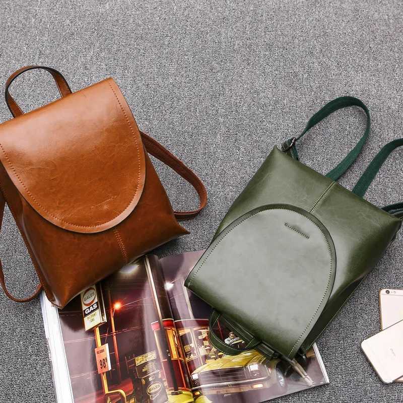 Genuine Leather Women Rucksack Knapsack Shoulder Cross Body Bags Female Fashion Lady Oil Wax Cowhide Daypack BackpackT251016