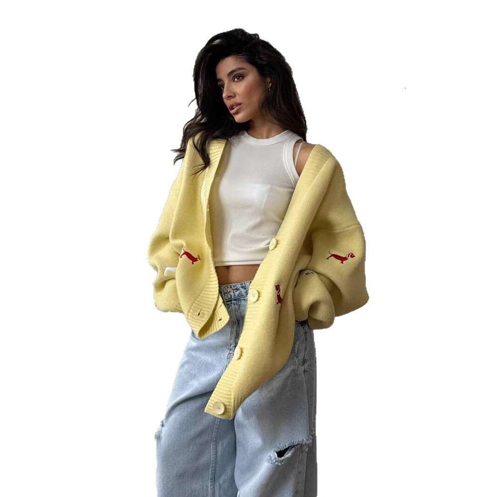 Early Autumn Dachshund Dog Embroidered Sweater Cardigan Loose Versatile V-Neck Long Sleeve Coat Lazy Style Fashion New Women's Clothing B5