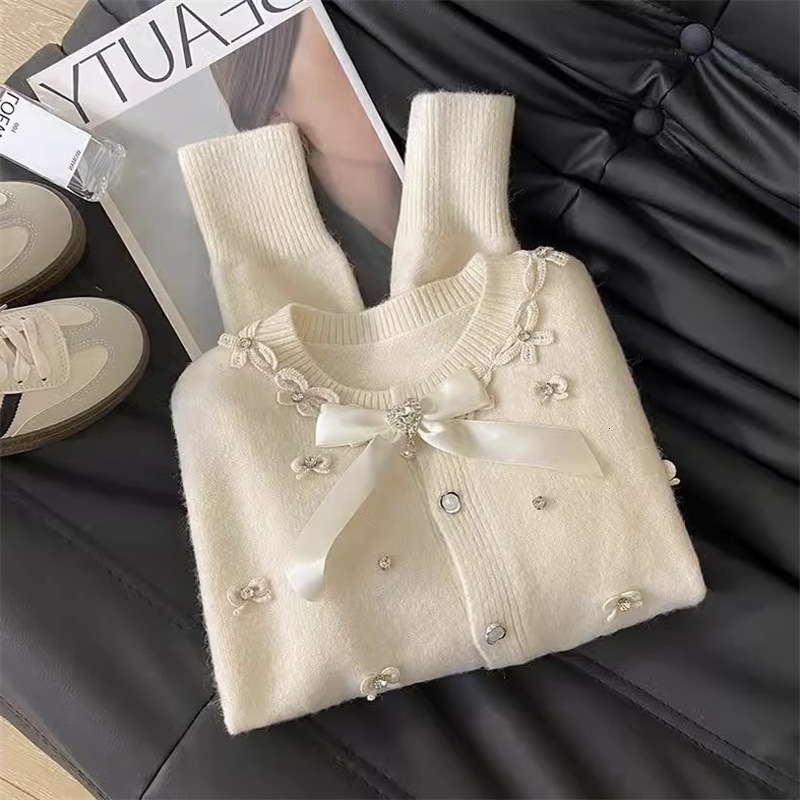 2025 Autumn/Winter design Women's New Top French Thick Bead Bow Knitted Open Knitted Woolen Sweater Soft Designer Jacket Autumn/Winter Versatile 