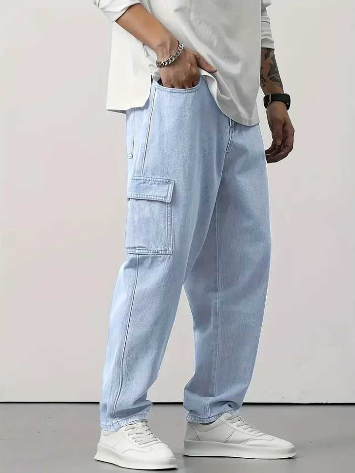 Mens Light Blue StraightLeg Casual Jeans Streetwear Style Regular Fit Denim Pants NonStretch AllSeason Comfort Hand Wash J251016