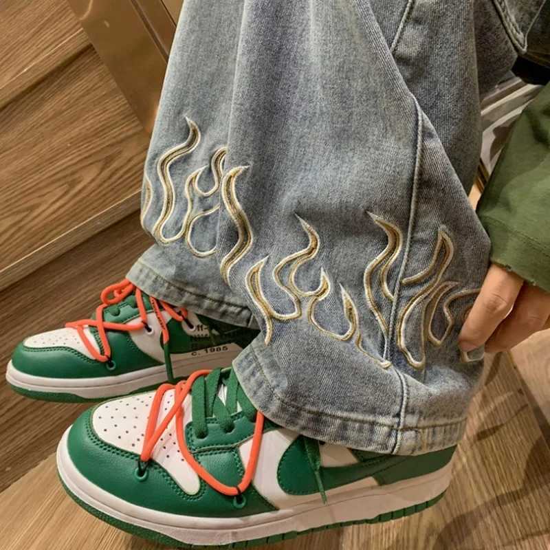 Mens Y2K Flame Pattern Wide Leg Jeans Casual Hip Hop Aesthetic Denim Pants Baggy Straight Leg Relaxed Fit Trousers J251016