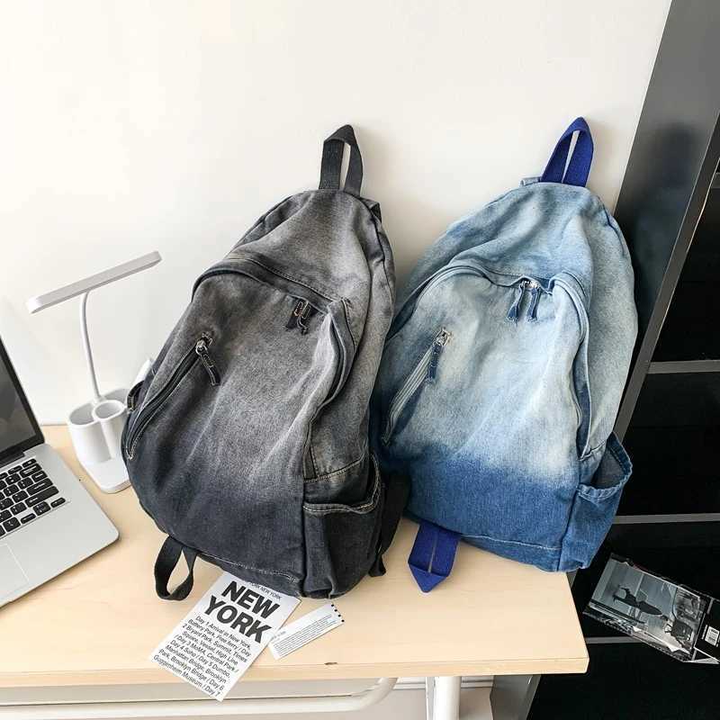 Mens and Womens Backpacks Student Schoolbags LargeCapacity Washed Denim BagsT251016