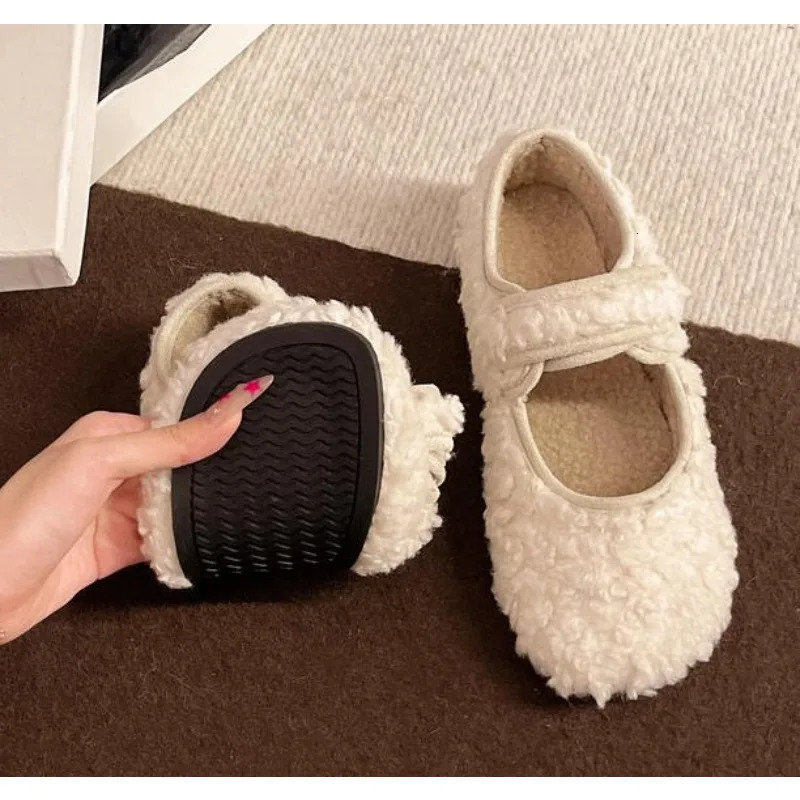 Womens Shearling Ballet Flats with Strap Warm Rabbit Fur Plush Lined Crystal Buckle Mary Jane Flat Shoes 251013