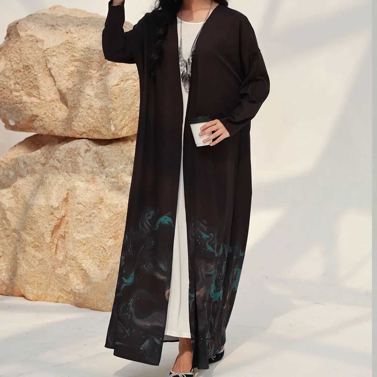 MiddleEast Islamic Open Front Abaya Muslim Full Sleeve Loose Printed Elegant Abayas Turkey Kaftans Women Jilbabs Maxi Dresses X2510161