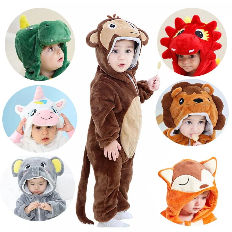Kids Onesies Baby Rompers Winter Costume Flannel for Girl Boy Toddler Infant Clothes Animals Monkey Tiger Lion Unicorn Ropa Bebe 251014