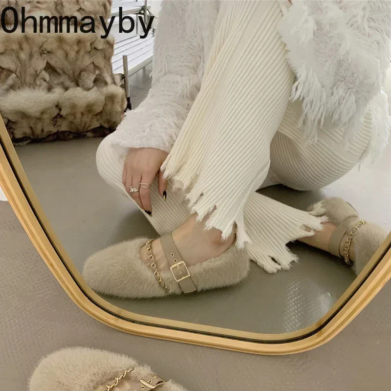 Spring Autumn Women Warm Fur Shoes Fashion Shallow Slip On Ladies Flats Shoes Round Toe Womens Mary Jane Shoes 251013