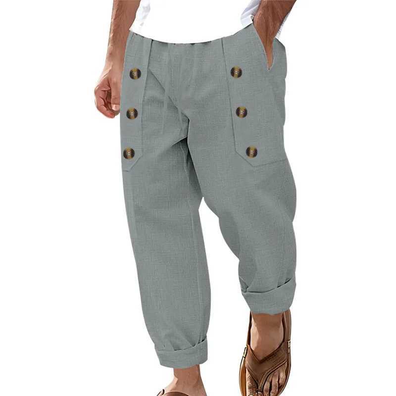 2025 American Casual Beach Men Casual Multibutton Cotton Linen Loose Trousers J251203